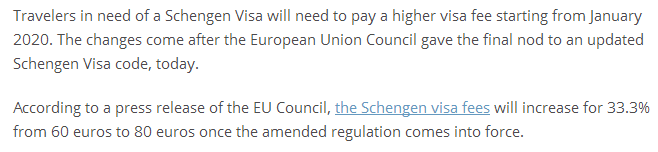 [政策速遞]定了！申根簽證申請(qǐng)費(fèi)用最快將于2020年1月上漲